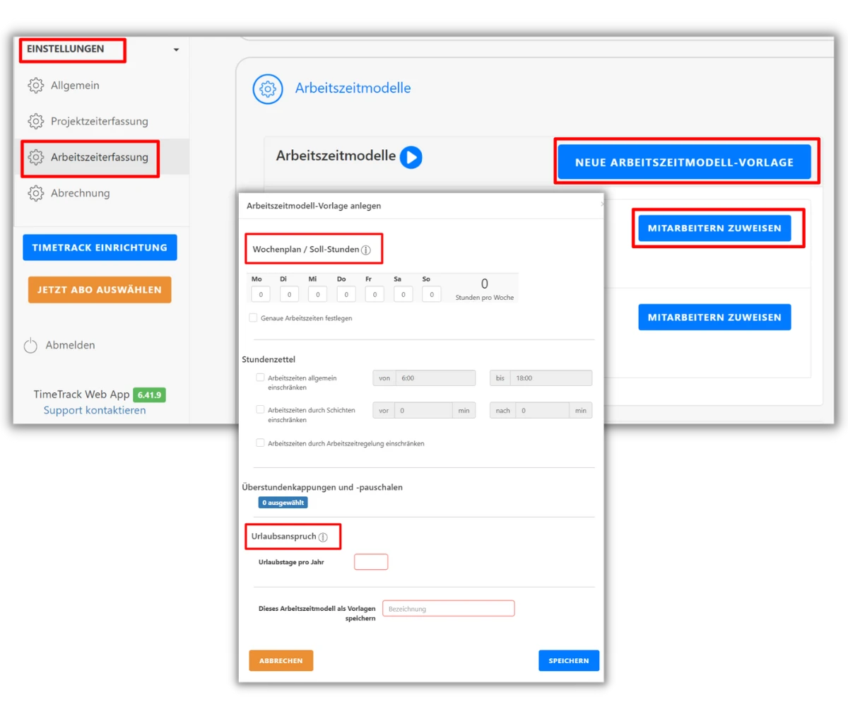 Ein Screenshot der Timetrack Software zeigt die Sektion "Arbeitszeiterfassung" in den Einstellungen. Es gibt Optionen zum Erstellen neuer Arbeitszeitmodell-Vorlagen und zum Zuweisen an Mitarbeiter. Ein Fenster zur Erstellung einer Vorlage enthält Felder für Wochenplan, Soll-Stunden und Urlaubsanspruch.