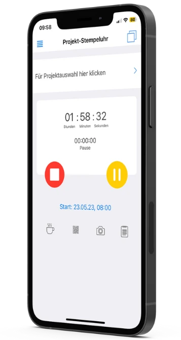 Ein Smartphone-Bildschirm zeigt eine Projekt-Stempeluhr-App mit einem laufenden Timer. Es gibt Schaltflächen zum Starten, Pausieren und Beenden des Timers, sowie eine Anzeige des Startzeitpunkts des Projekts.