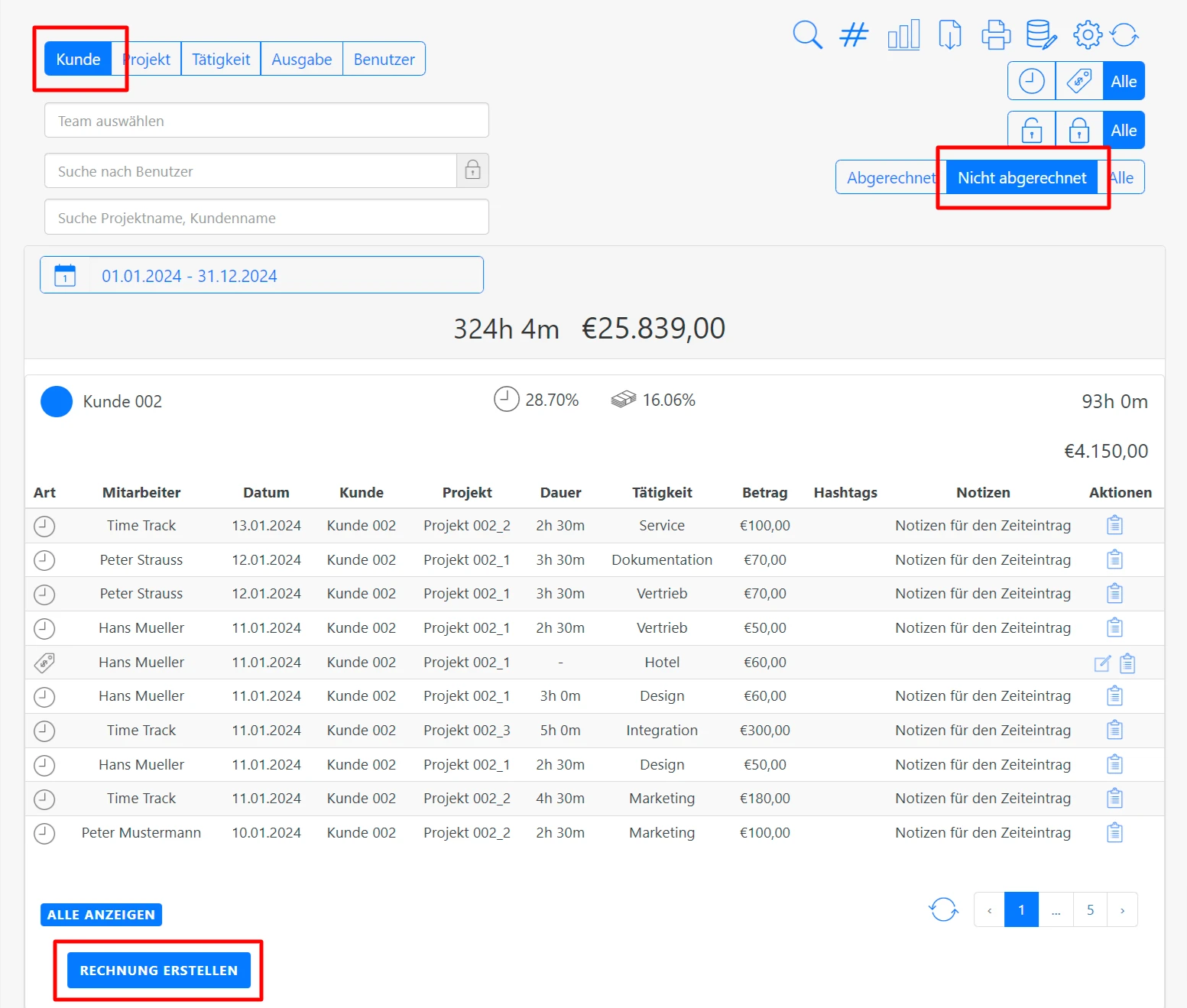 Screenshot der Timetrack Software zeigt eine Übersicht der nicht abgerechneten Zeiten für einen Kunden. Es gibt Optionen zum Filtern nach Kunden, Projekten und anderen Kriterien. Unten befindet sich eine Schaltfläche "Rechnung erstellen".