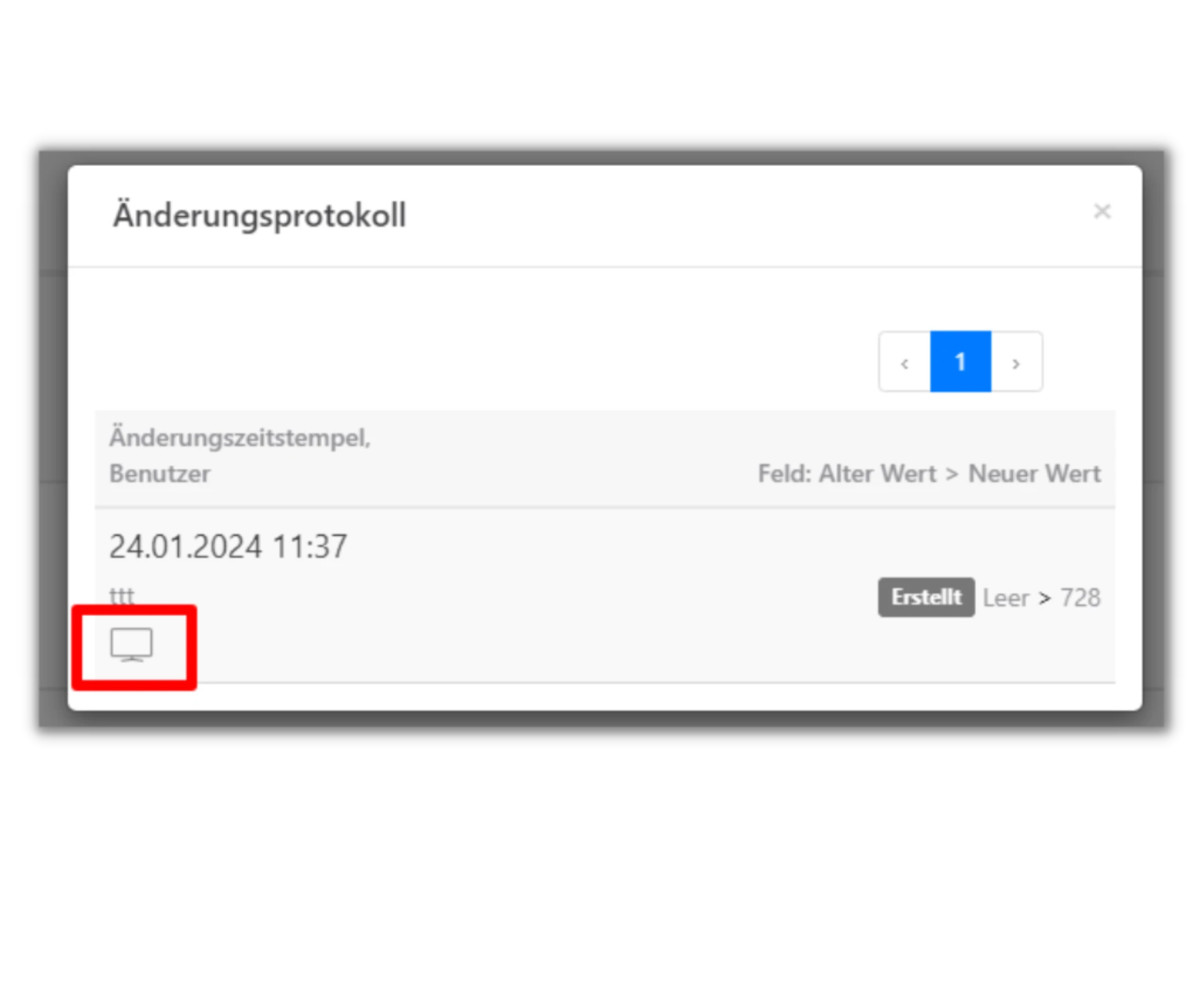 Screenshot der Timetrack Software zeigt ein Änderungsprotokoll mit einem Zeitstempel, Benutzerinformationen und einem Änderungseintrag. Ein kleines Computersymbol ist unten links sichtbar.