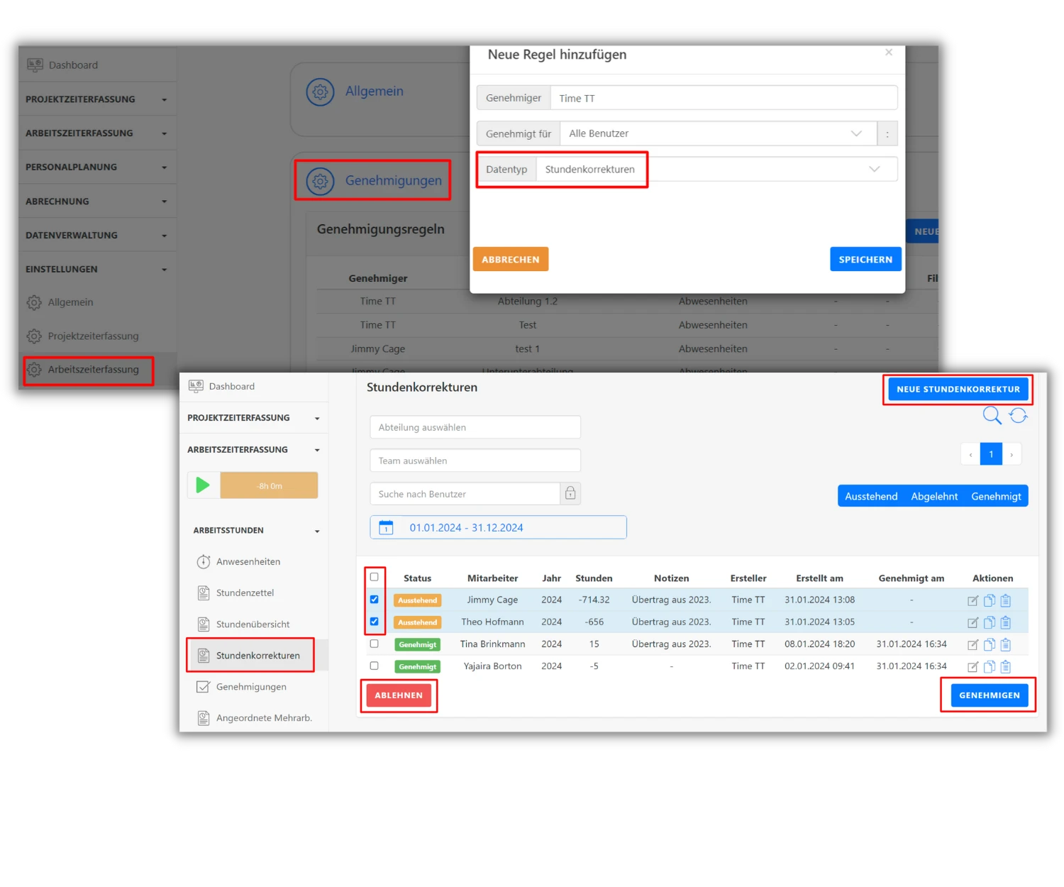 Screenshot der TimeTrack-Software. Links ist das Menü mit markierter "Arbeitszeiterfassung". Rechts oben ein Dialogfeld zur Erstellung einer neuen Regel mit "Genehmigungen" und Datentyp "Stundenkorrekturen". Unten eine Übersicht der Stundenkorrekturen mit der Option "Neue Stundenkorrektur", genehmigte und ausstehende Einträge sowie die Schaltflächen "Ablehnen" und "Genehmigen".