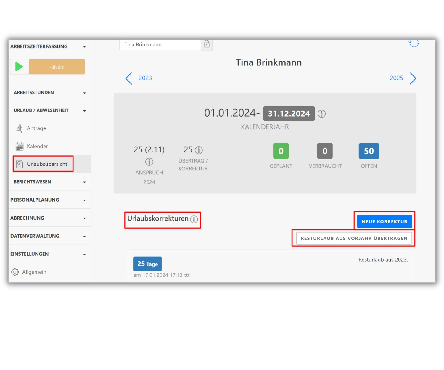 Screenshot der TimeTrack-Software. Links ist das Menü mit markierter "Urlaubsübersicht". Rechts eine Übersicht der Urlaubsansprüche für Tina Brinkmann im Kalenderjahr 2024. Es gibt Optionen für "Urlaubskorrekturen", "Neue Korrektur" und "Resturlaub aus Vorjahr übertragen".