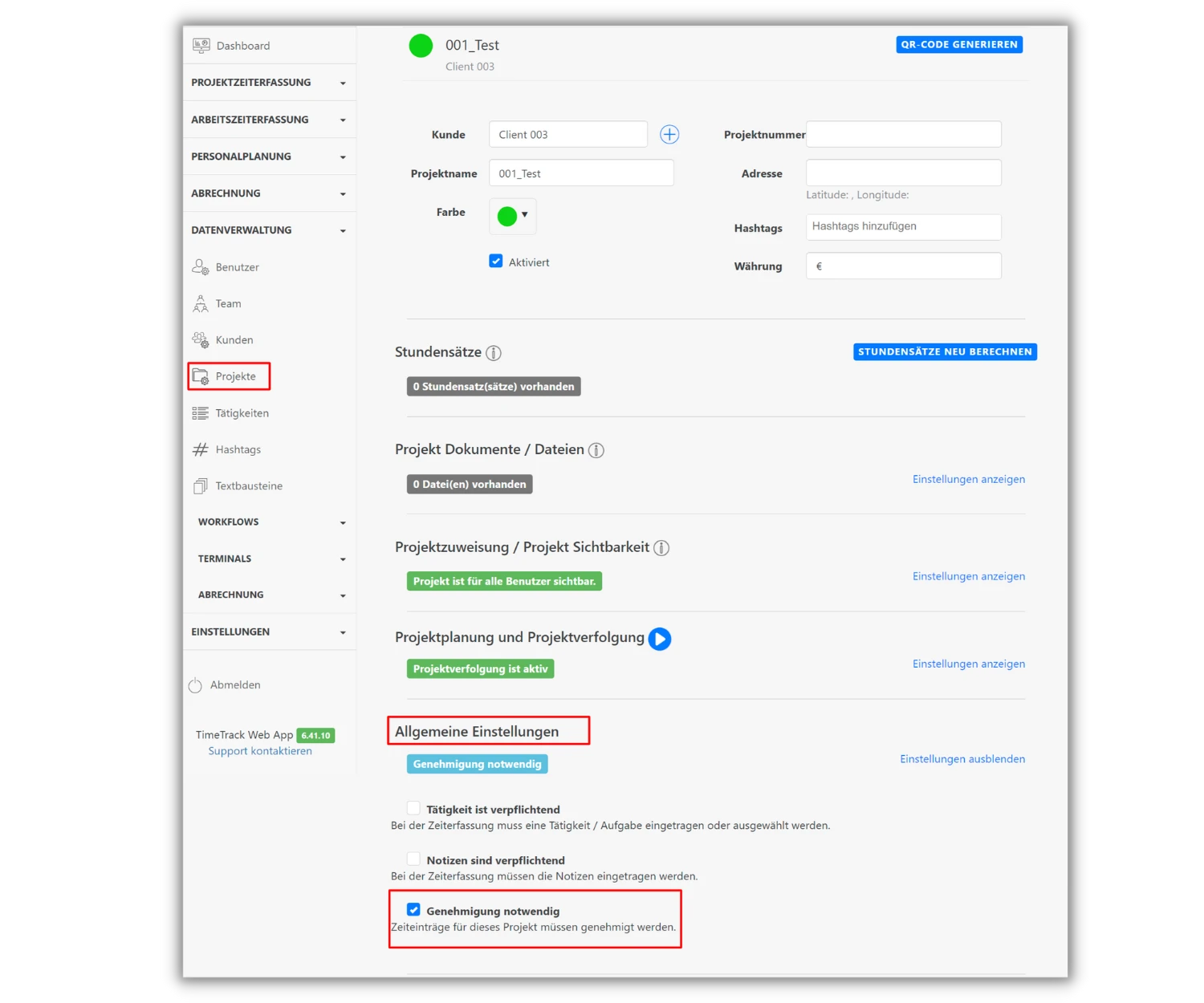 Screenshot einer Projektmanagement-Software. Links ist das Menü mit markiertem "Projekte"-Eintrag. Rechts die Projektseite mit Angaben zu Kunde, Projektname und Einstellungen. "Genehmigung notwendig" ist aktiviert.