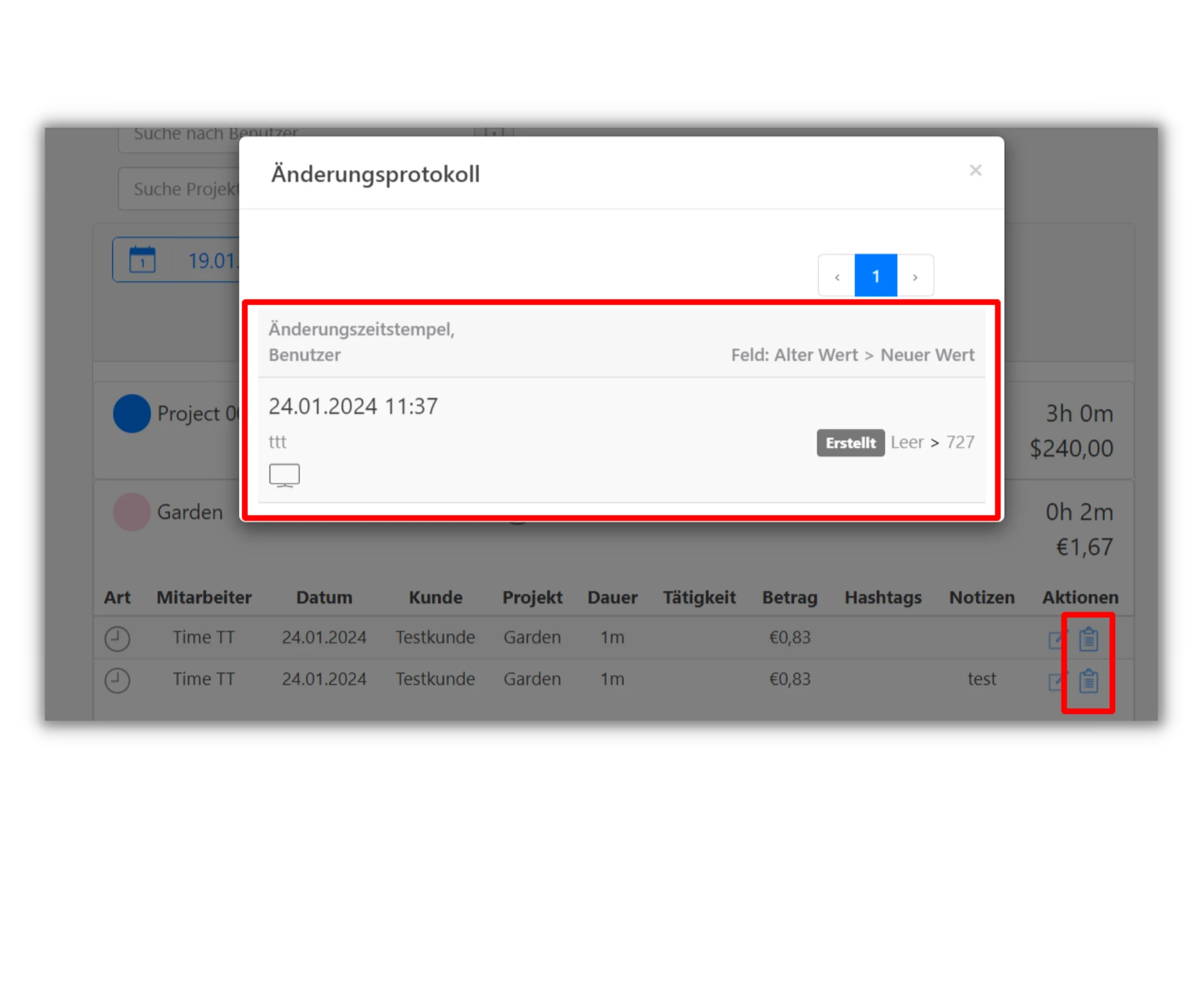 Screenshot der Timetrack Software zeigt ein Änderungsprotokoll mit einem Zeitstempel und Details zu einer Änderung. Rechts sind Symbole für das Löschen von Einträgen sichtbar.