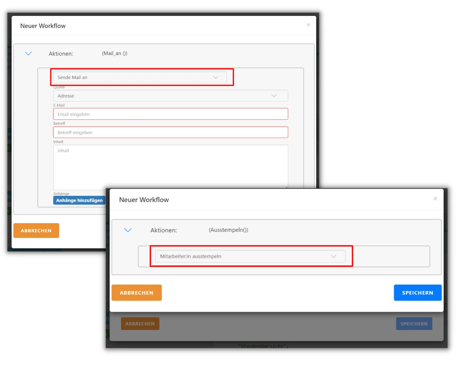 Ein Screenshot der Timetrack App zeigt zwei "Neuer Workflow"-Fenster mit unterschiedlichen Aktionen. Das erste Fenster enthält die Aktion "Sende Mail an" mit Feldern für E-Mail, Betreff und Inhalt. Das zweite Fenster enthält die Aktion "Mitarbeiter ausstempeln".