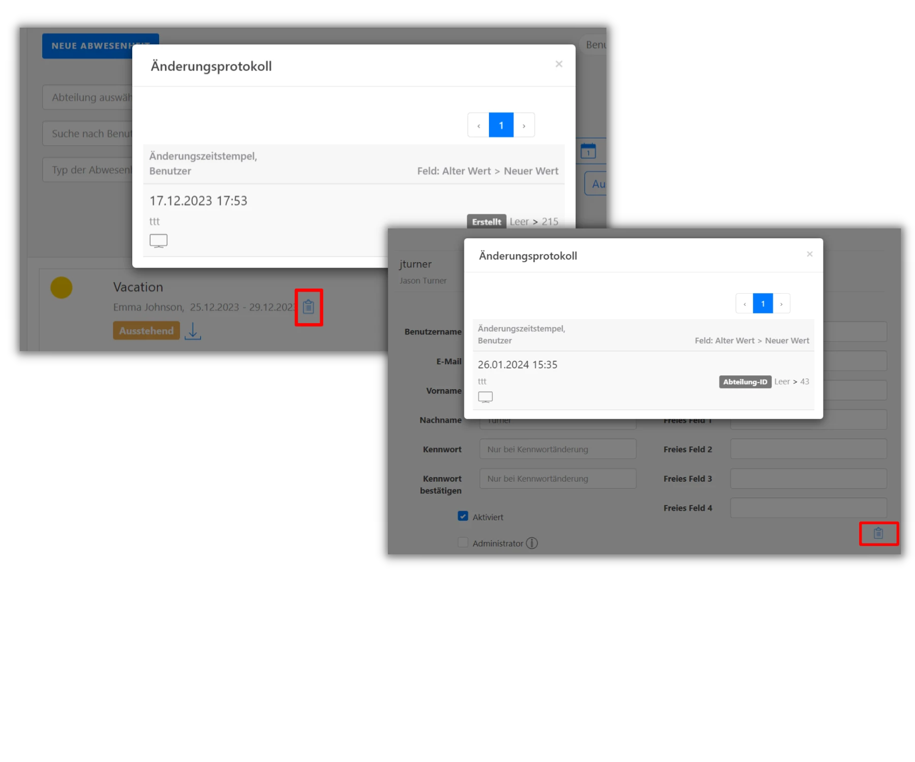 Screenshot der Timetrack Software zeigt zwei Änderungsprotokolle mit Zeitstempeln und Details zu Änderungen. Symbole für das Löschen von Einträgen sind sichtbar.