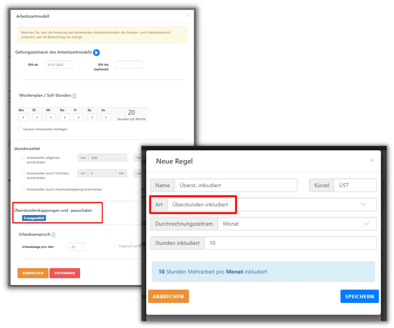 Screenshot der TimeTrack-Software. Oben links das Arbeitszeitmodell mit markierter Option "Überstundenkappungen und -pauschalen". Rechts unten ein Dialogfeld zur Erstellung einer neuen Regel mit dem Namen "Überst. inkludiert" und der Art "Überstunden inkludiert".