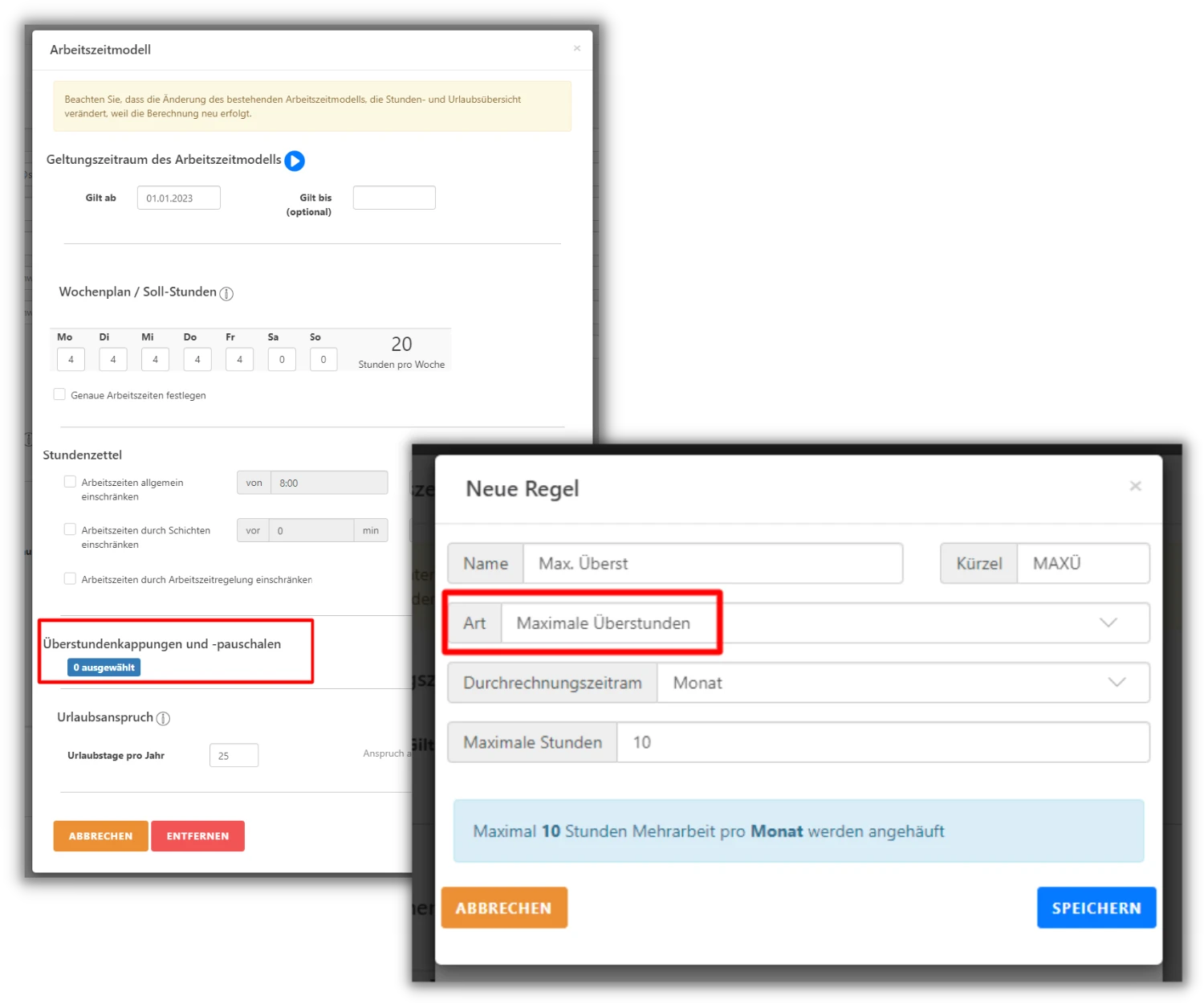 Screenshot der TimeTrack-Software. Oben links das Arbeitszeitmodell mit markierter Option "Überstundenkappungen und -pauschalen". Rechts unten ein Dialogfeld zur Erstellung einer neuen Regel mit dem Namen "Überst. inkludiert" und der Art "Überstunden inkludiert".