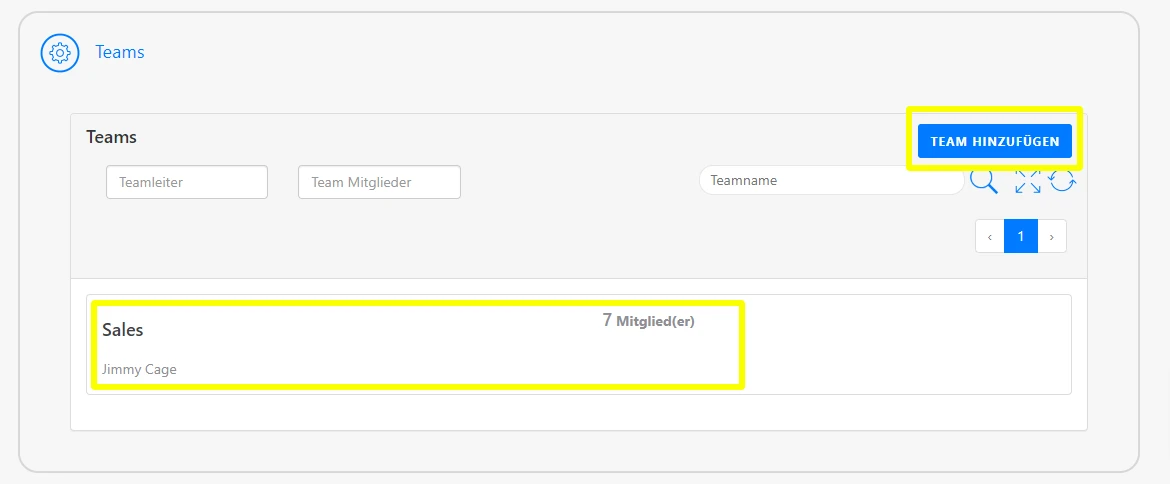 Eine Benutzeroberfläche zur Verwaltung von Teams zeigt eine Übersicht mit der Möglichkeit, ein neues Team hinzuzufügen. Ein Team namens "Sales" mit 7 Mitgliedern ist aufgelistet.