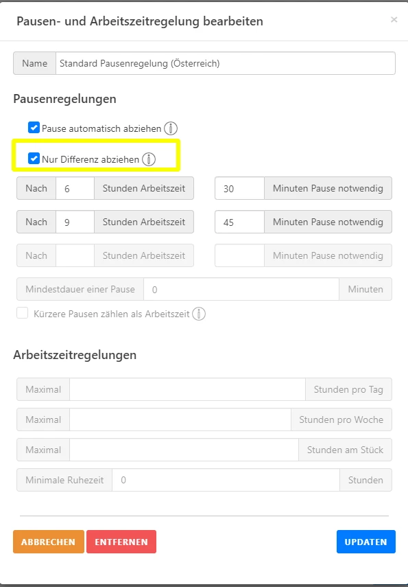 Eine Benutzeroberfläche zur Bearbeitung der Pausen- und Arbeitszeitregelung zeigt Eingabefelder für Pausen- und Arbeitszeitregeln. Optionen umfassen das automatische Abziehen von Pausen, das Abziehen nur der Differenz sowie spezifische Einstellungen für Pausen nach bestimmten Arbeitszeiten und maximale Arbeitszeiten pro Tag, Woche und am Stück.