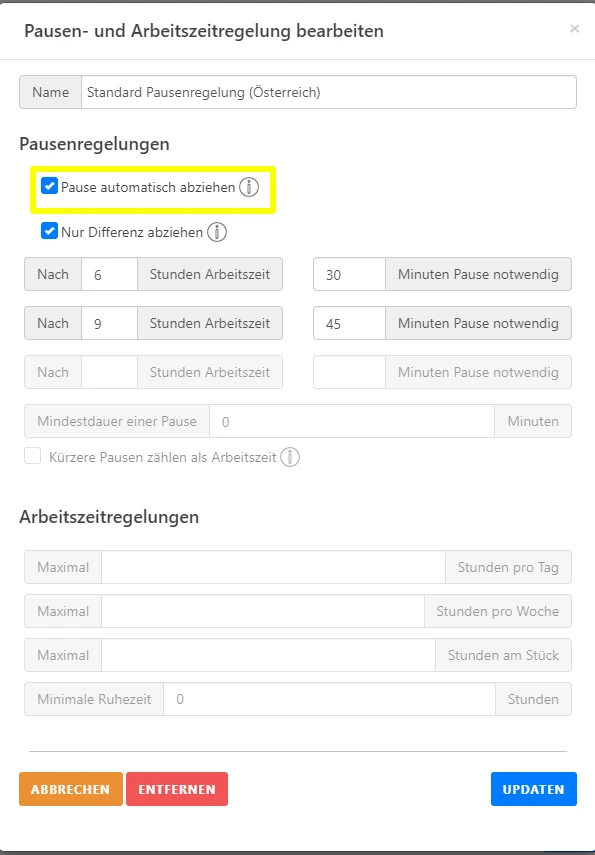 Eine Benutzeroberfläche zur Bearbeitung der Pausen- und Arbeitszeitregelung zeigt Eingabefelder für Pausen- und Arbeitszeitregeln. Optionen umfassen das automatische Abziehen von Pausen, das Abziehen nur der Differenz sowie spezifische Einstellungen für Pausen nach bestimmten Arbeitszeiten und maximale Arbeitszeiten pro Tag, Woche und am Stück.