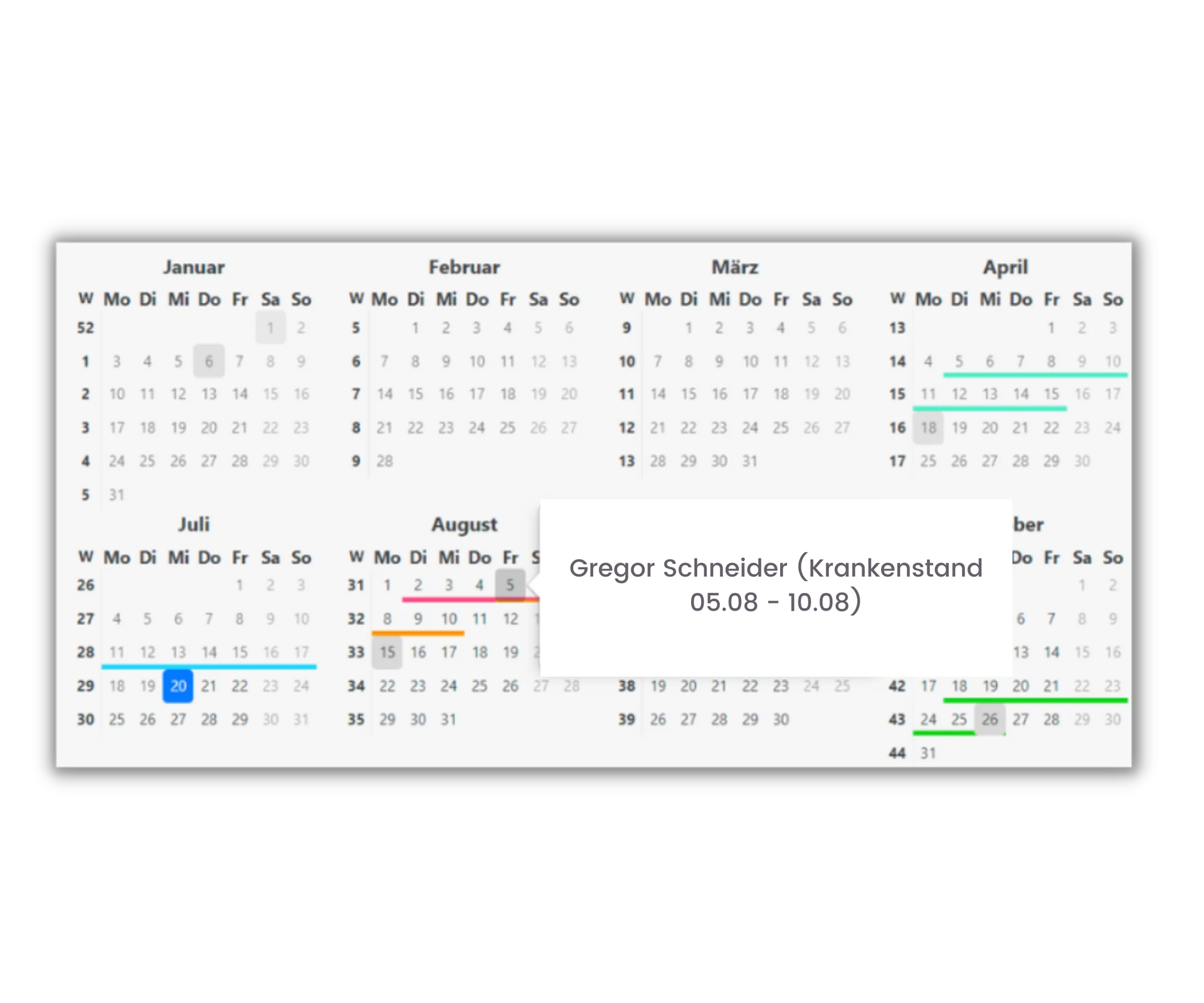 Abwesenheitskalender in TimeTrack Software