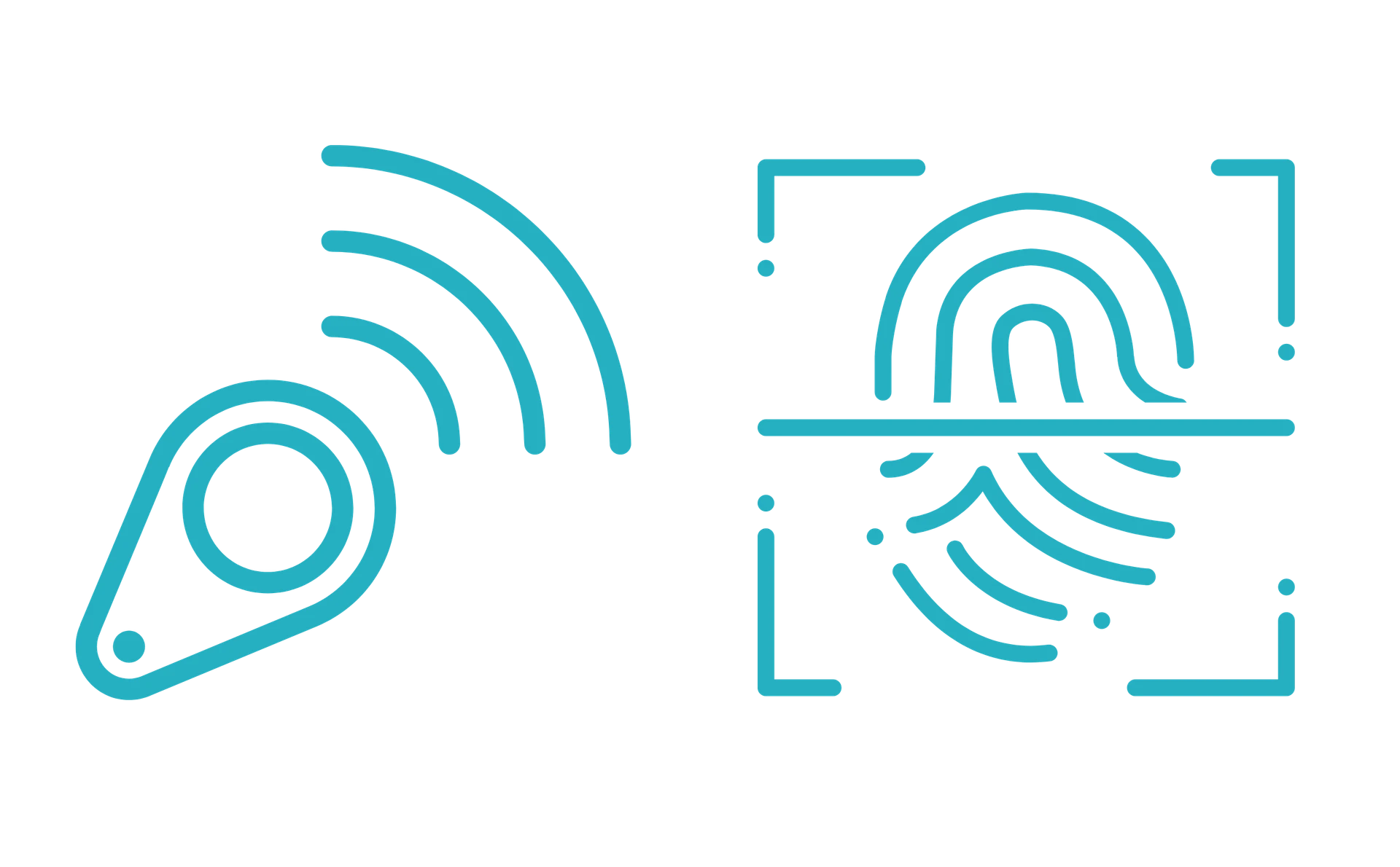 Zwei Symbole: links ein stilisiertes Funksignal, rechts ein Fingerabdruck-Scanner.