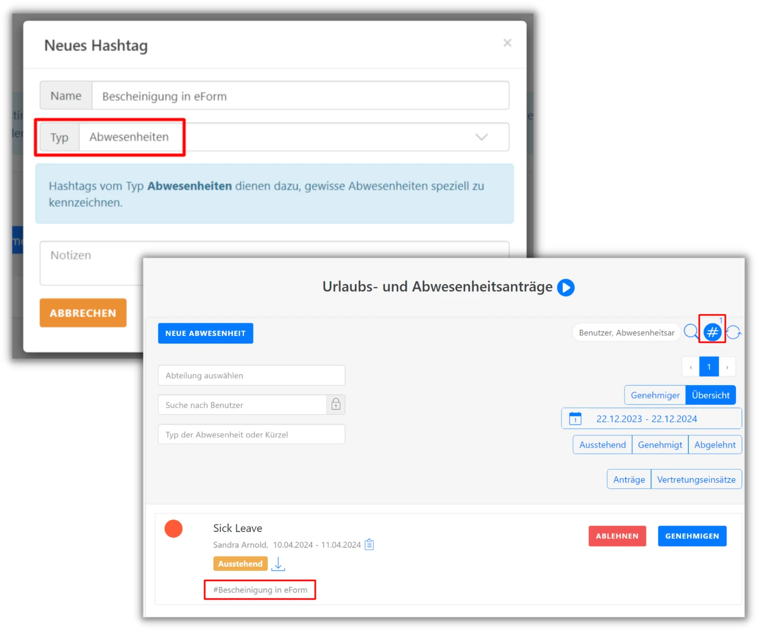 hashtags abwesenheiten
