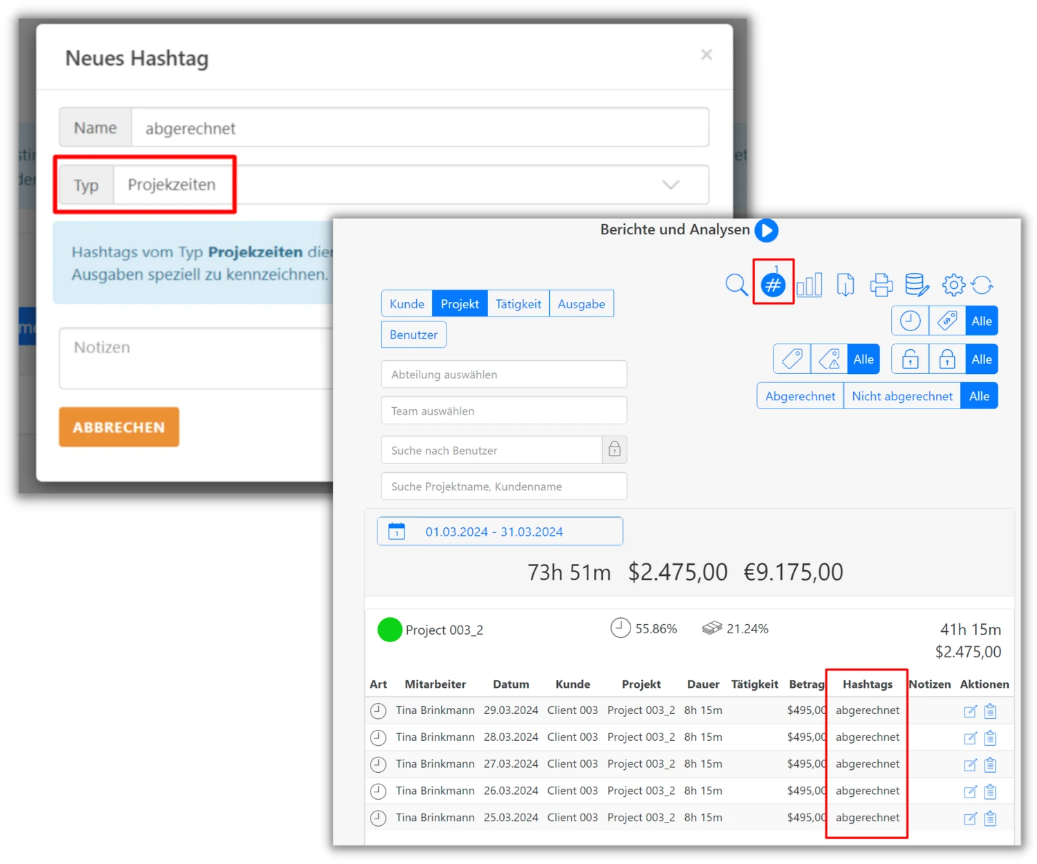 hashtags zeiteinträge
