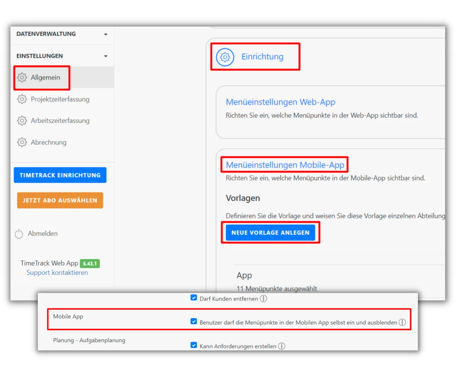 Seitenmenüeinstellungen Mobile App