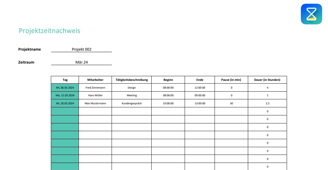 Ein Screenshot einer Projektzeitnachweis-Vorlage für das Jahr 2024 in Excel. Die Tabelle enthält Spalten mit Angaben zu Projektname, Aufgaben, Mitarbeitername, Datum, Arbeitsstunden und Notizen. Unterschiedliche Zeilen repräsentieren verschiedene Projekte und Aufgaben, die von Mitarbeitern bearbeitet werden. Die Tabelle ist farblich kodiert, um verschiedene Projekte und Zeiträume klar zu unterscheiden.