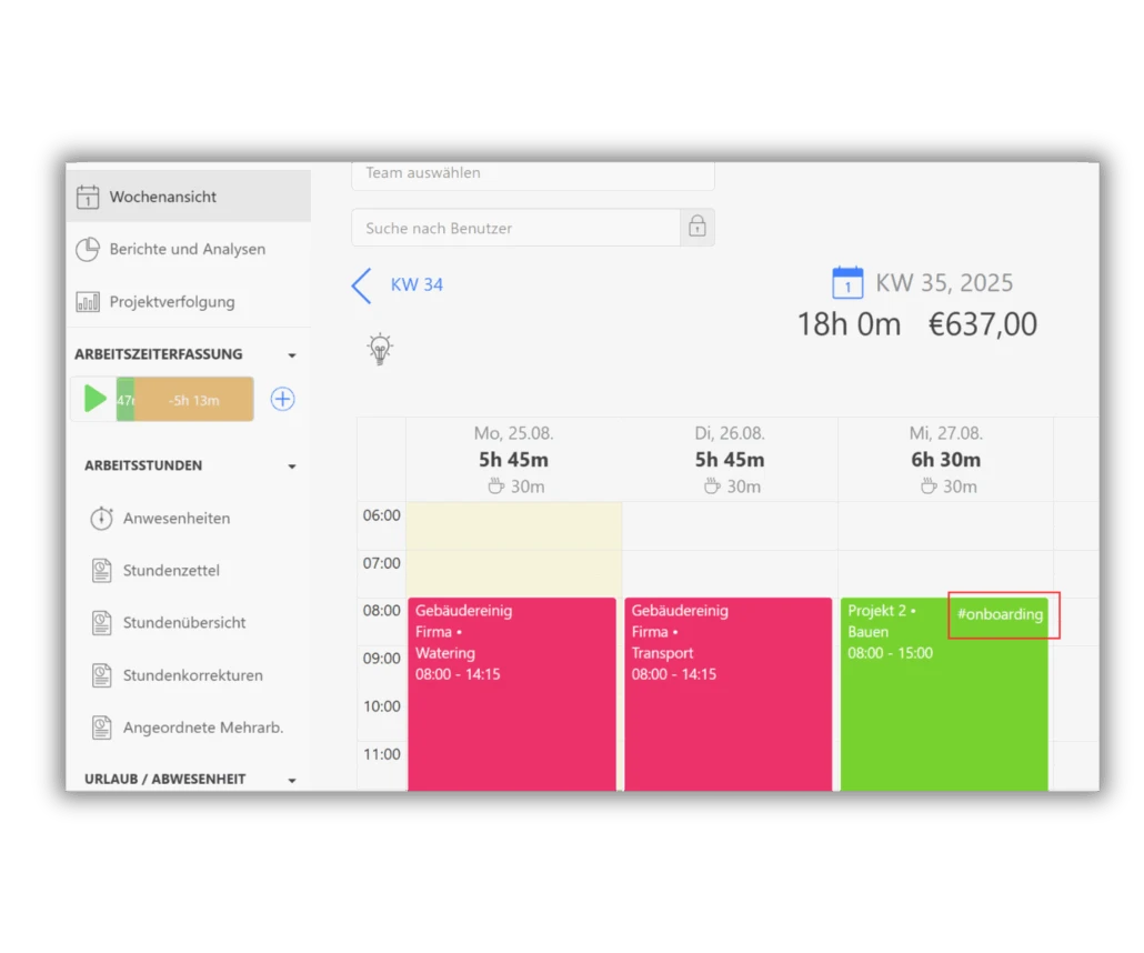 Hashtags bei arbeitszeiteinträgen