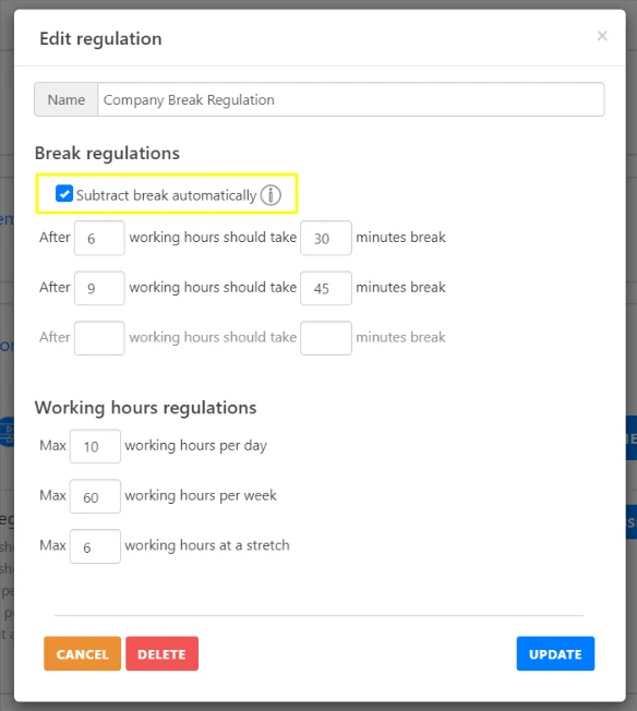 Break Regulation Automatic Break Deduction