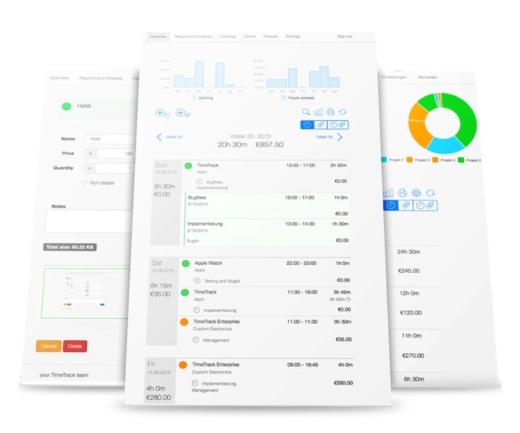 "Übersicht von drei Dashboard-Ansichten einer Zeiterfassungssoftware mit Diagrammen, Projektlisten und Einstellungen."