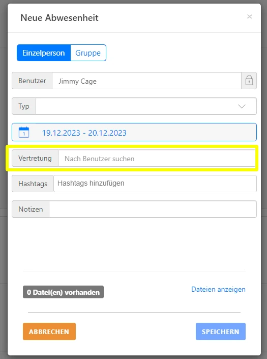 Eine Benutzeroberfläche zur Erstellung einer neuen Abwesenheit zeigt Eingabefelder für Benutzer, Typ, Datum und Vertretung sowie Optionen zum Hinzufügen von Hashtags und Notizen.