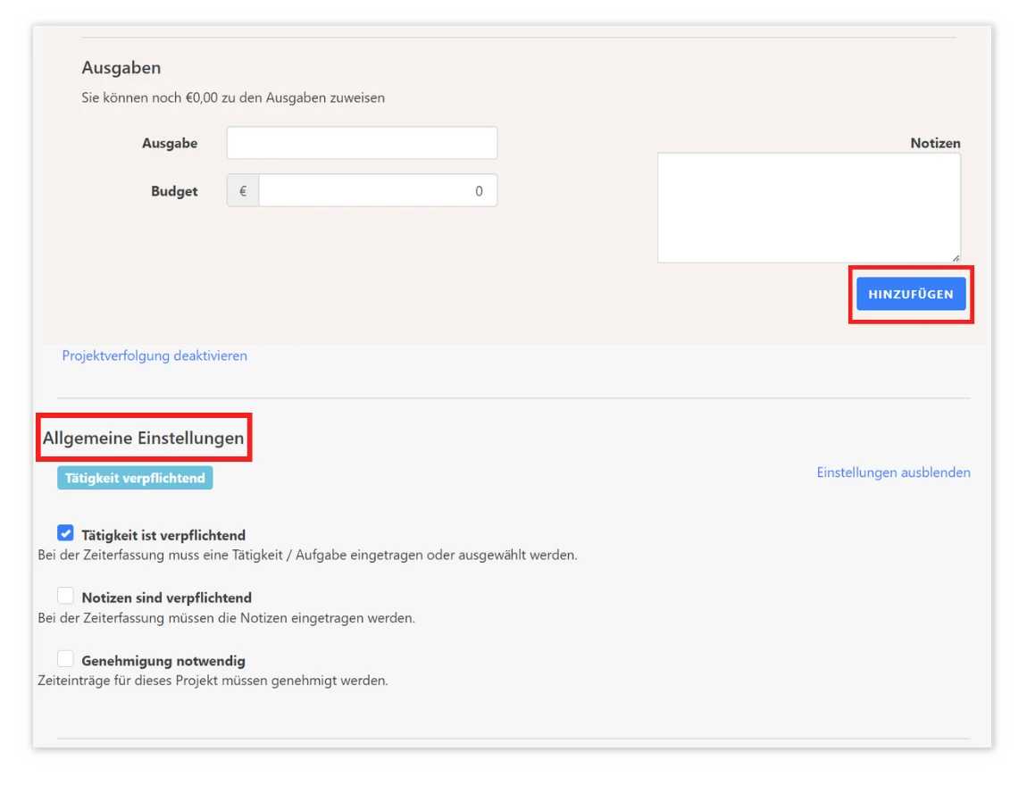 Screenshot der Timetrack Software zeigt die Eingabe von Ausgaben mit Feldern für Ausgabe, Budget und Notizen sowie einer Schaltfläche "Hinzufügen". Darunter befinden sich die allgemeinen Einstellungen mit Optionen wie "Tätigkeit ist verpflichtend" und "Notizen sind verpflichtend".