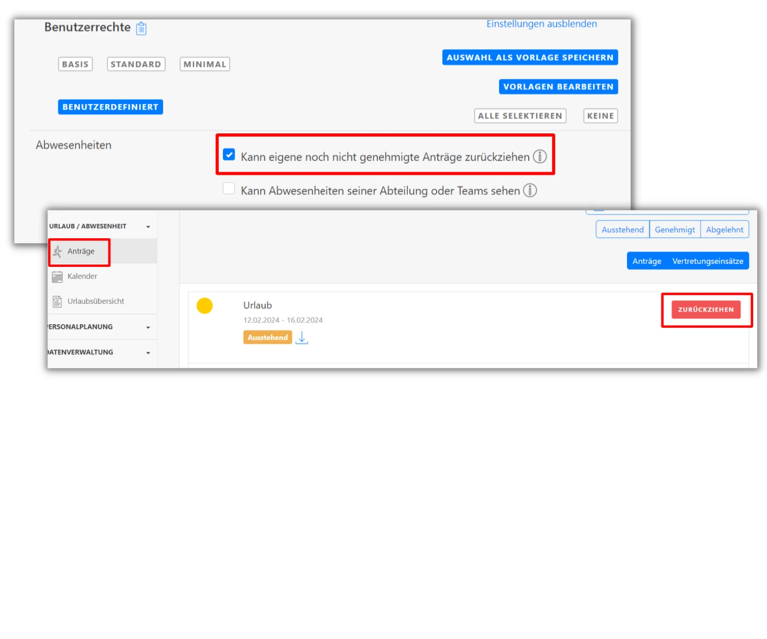 Ein Screenshot der Timetrack Software zeigt Benutzerrechte-Einstellungen und einen Urlaubsantrag, der zurückgezogen werden kann.