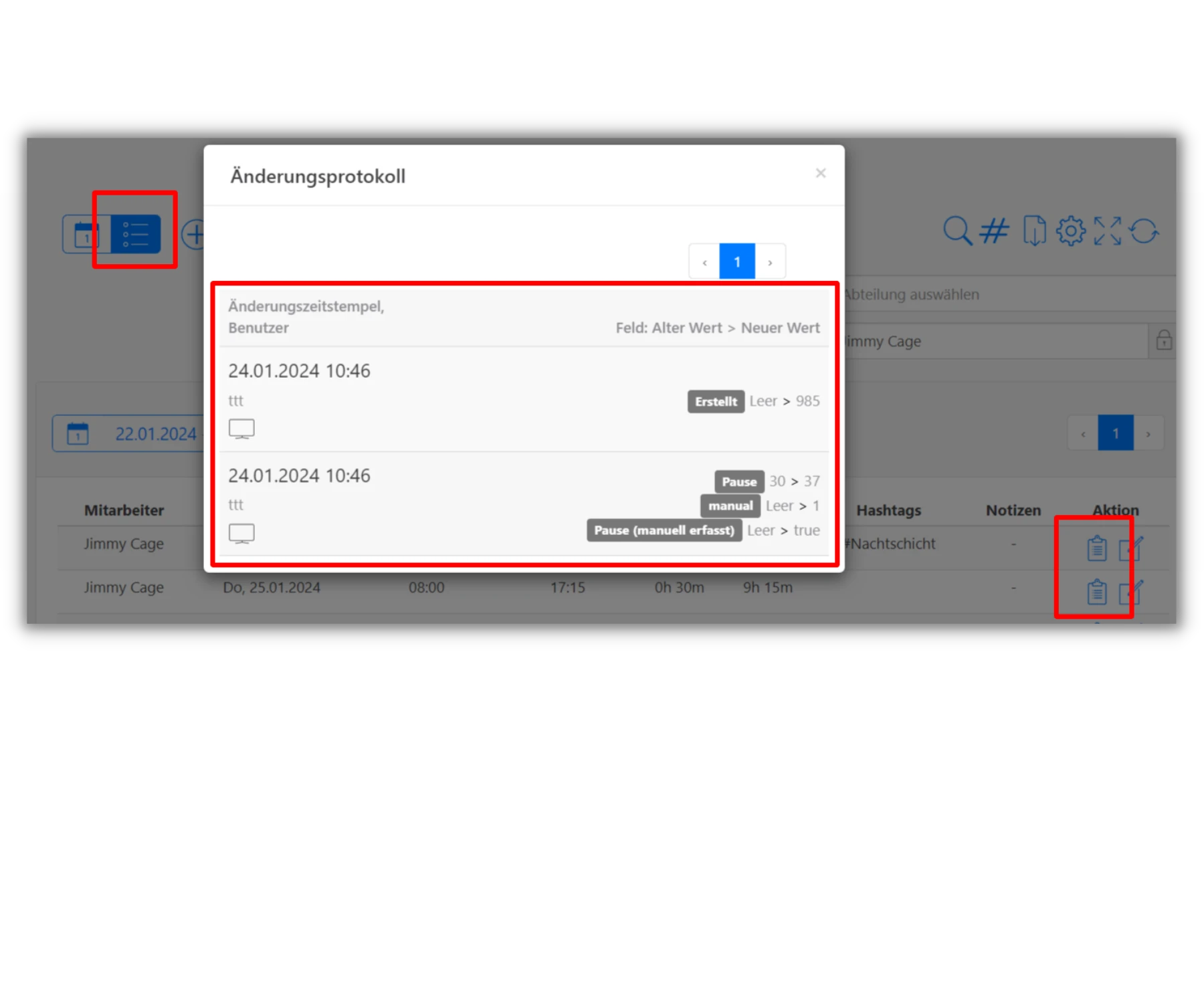 Ein Screenshot der Timetrack Software zeigt ein Änderungsprotokoll mit Zeitstempeln und Änderungen an Pausenzeiten. Rechts sind Symbole für Aktionen wie Bearbeiten und Löschen sichtbar.