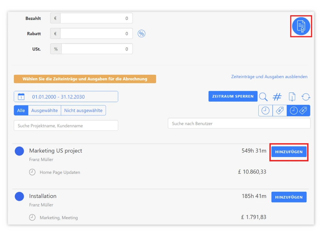 Screenshot der Timetrack Software zeigt die Abrechnung von Projekten mit Feldern für bezahlt, Rabatt und USt. Es gibt eine Liste von Projekten mit einer Schaltfläche "Hinzufügen" neben jedem Projekt.