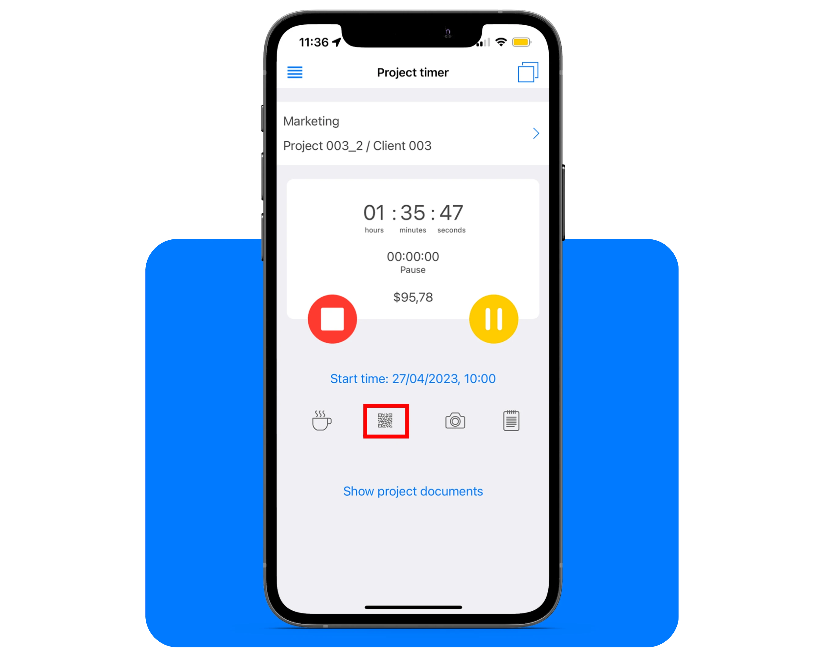 Smartphone-Bildschirm mit einer Projekt-Timer-App.