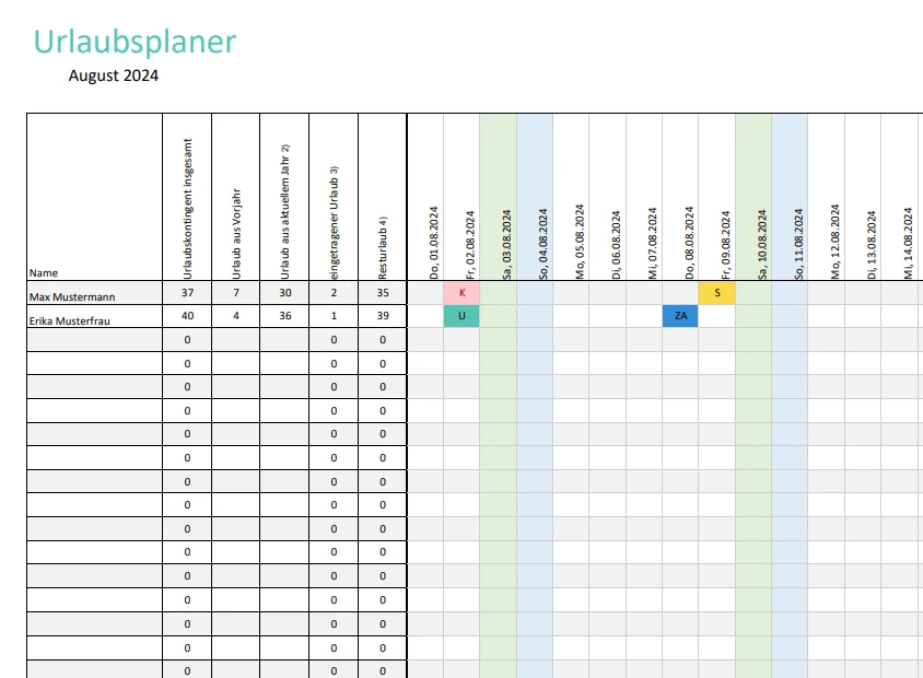 Ein Screenshot einer Urlaubsplaner-Vorlage in Excel. Die Tabelle listet verschiedene Mitarbeiter in den Zeilen und die Monate sowie Tage des Jahres in den Spalten auf. Unterschiedliche Farben markieren die Urlaubstage und -zeiträume der Mitarbeiter, was eine übersichtliche Darstellung der Urlaubsplanung ermöglicht.